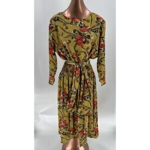 Donna Toran Vintage Dress Womens Large Gold Yellow Floral Smocked Midi Belted